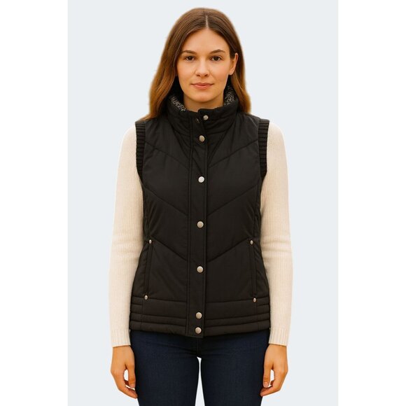 Carolyn Taylor Womens Quilted Black Puffer Vest W/ Knit Trim & Snap Buttons M - Picture 1 of 15